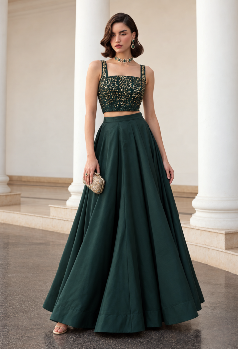 Green Silk Plain Work Ceremonial Lehenga Choli